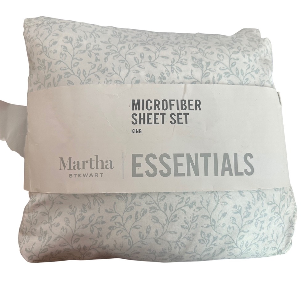 NEW Martha Stewart Essentials Microfiber King Sheet Set Slate Blue Floral Vine